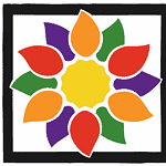 Colorful flower logo representing community and diversity.