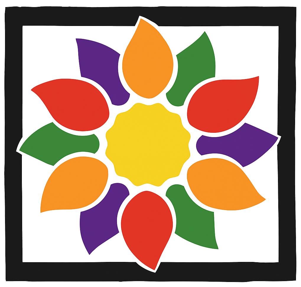 Colorful flower logo representing community and diversity.