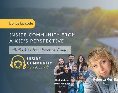 Group of children and adults outdoors for community podcast episode.
