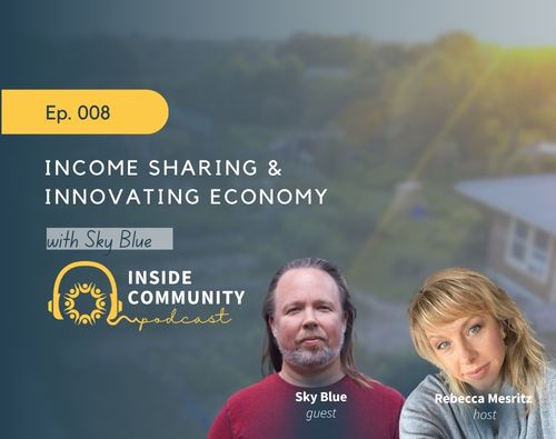 Podcast cover image with Sky Blue and Rebecca Mesritz for community economy discussion.