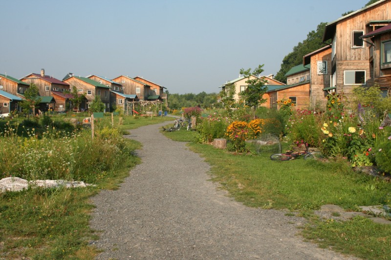 Pathway through eco-friendly homes at EcoVillage at Ithaca.