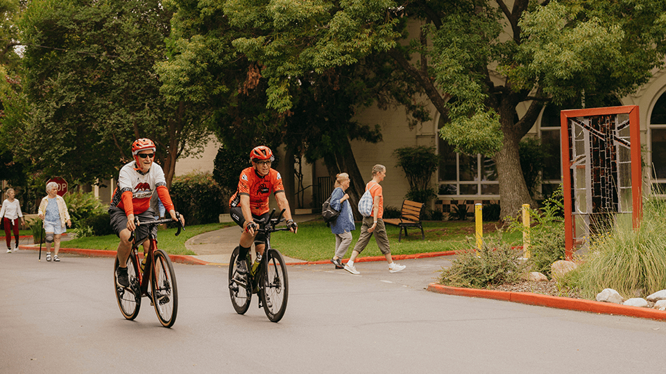 Two people riding bikes in a community park with pedestrians and trees.