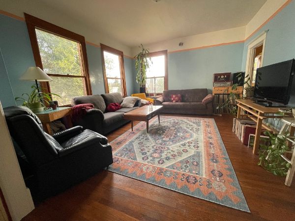 Bright living room with large windows, sofas, and a colorful rug.